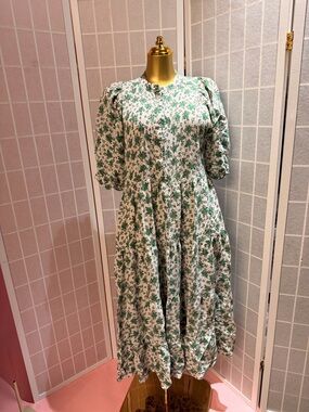 Zara White Dress with Green Floral Print Midi
